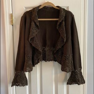 Brown sweater w/gold metallic crochet trim